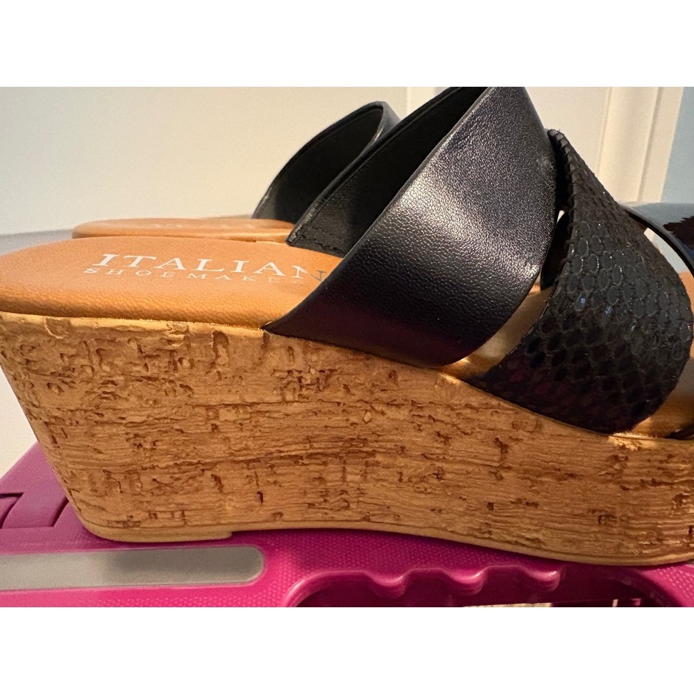 Italian Shoemakers Black Platform Wedge Sandals Women's Size 6 Straps Vacay Cork - Picture 6 of 7